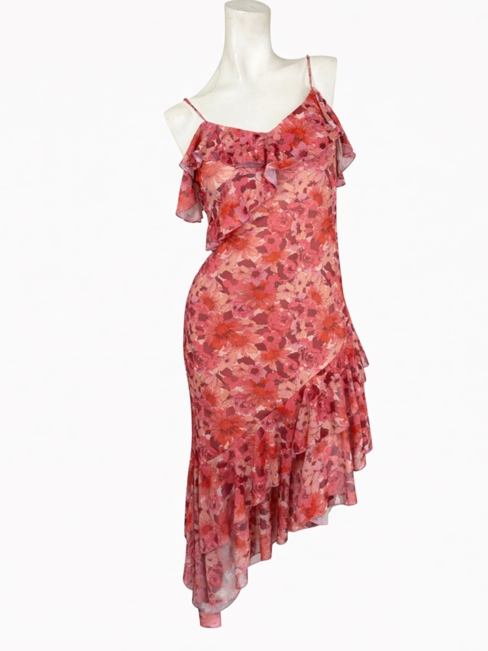 Women’s Floral Ruffle Dress Small Asymmetrical Hem Feminine Spring Summer flowy